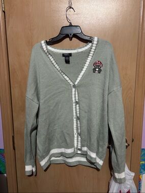Light Sage V-Neck Button Cardigan Sweater with Frog Patch